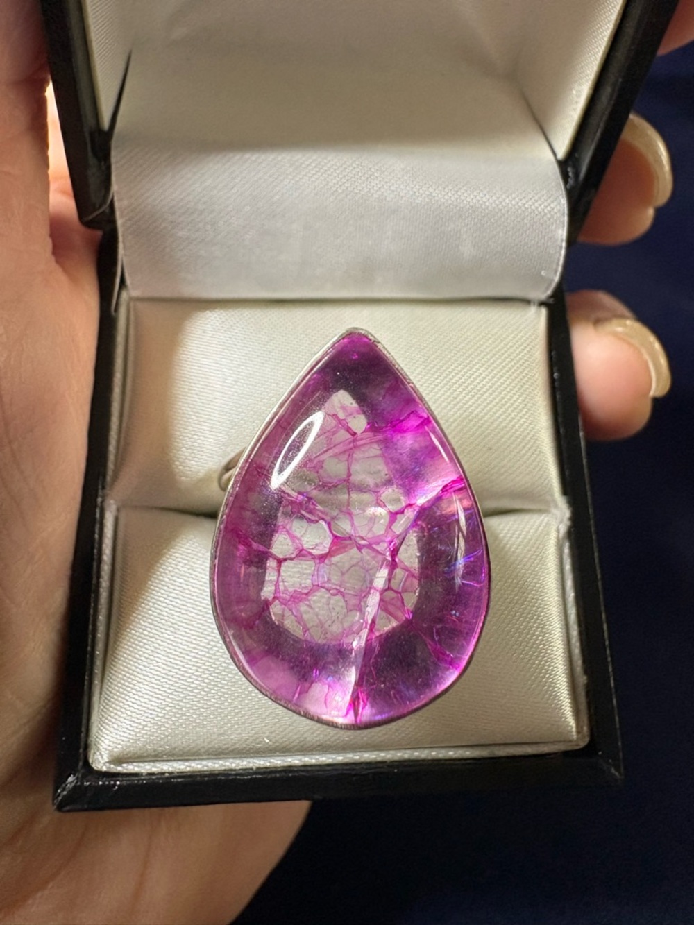 Ring Pink Crackle Quartz Statement Teardrop Bold Boho